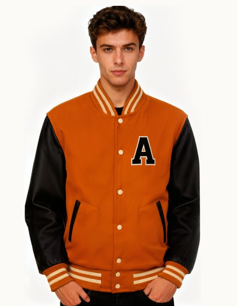 Custom Orange Varsity Jacket Personalized Wool & Leather Letterman Jacket