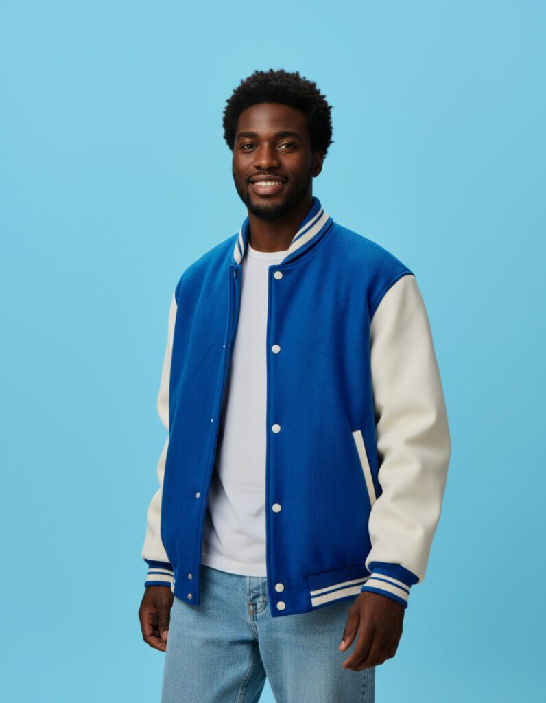 custom blue varsity jacket