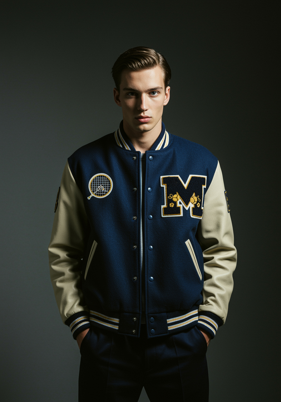 royal blue and white varsity jacket