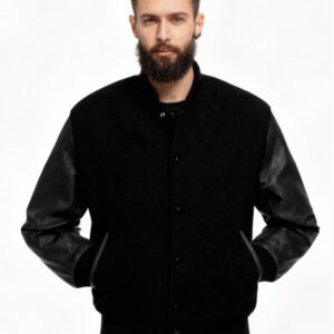 Custom Black Varsity Jacket Premium Wool & Genuine Leather Sleeves
