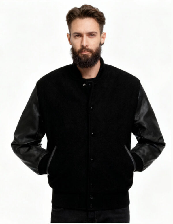 Custom Black Varsity Jacket Premium Wool & Genuine Leather Sleeves