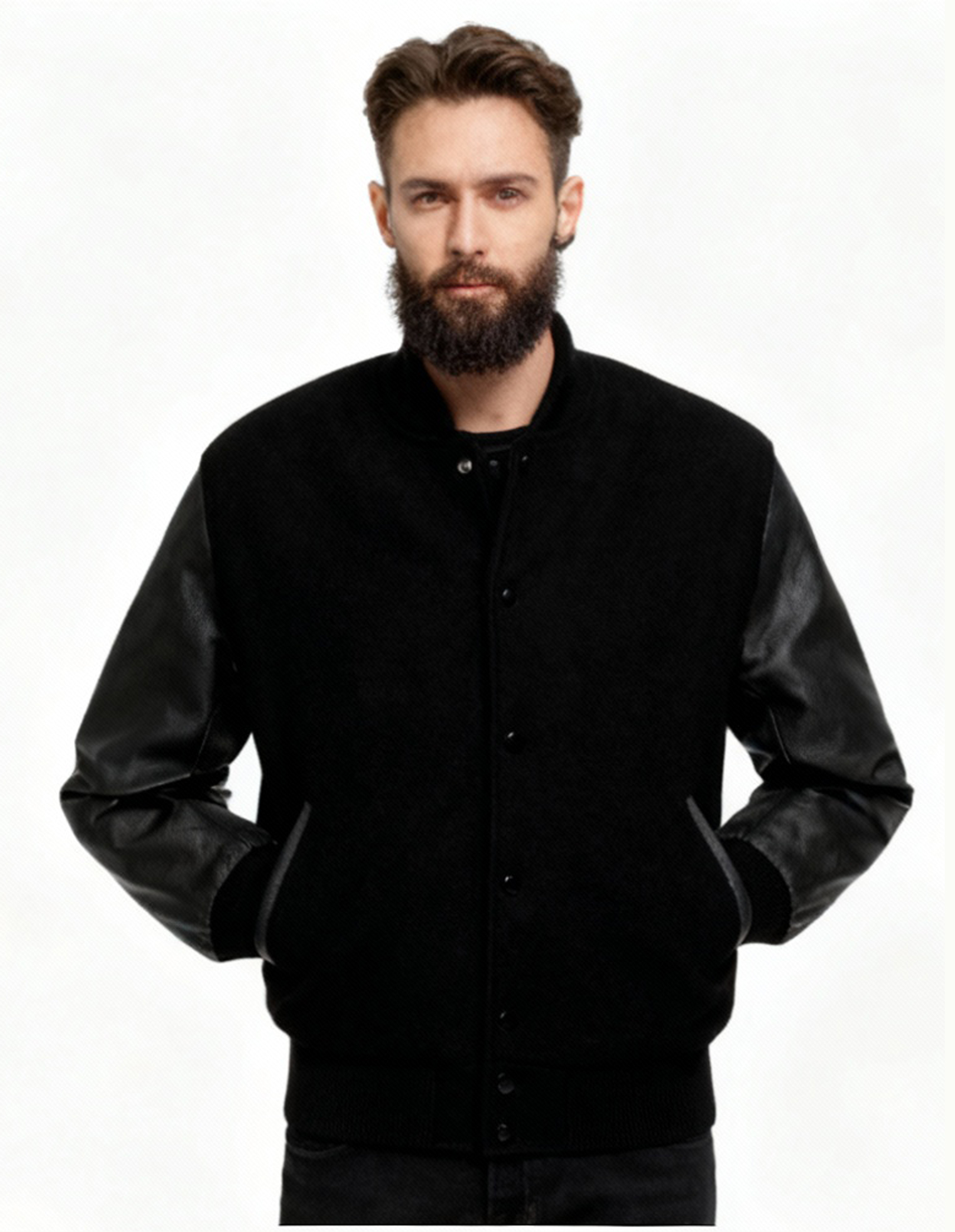 Custom Black Varsity Jacket Premium Wool & Genuine Leather Sleeves