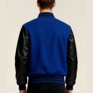 Custom Blue and Black Varsity Jacket Premium Wool & Genuine Leather Sleeves - Image 2