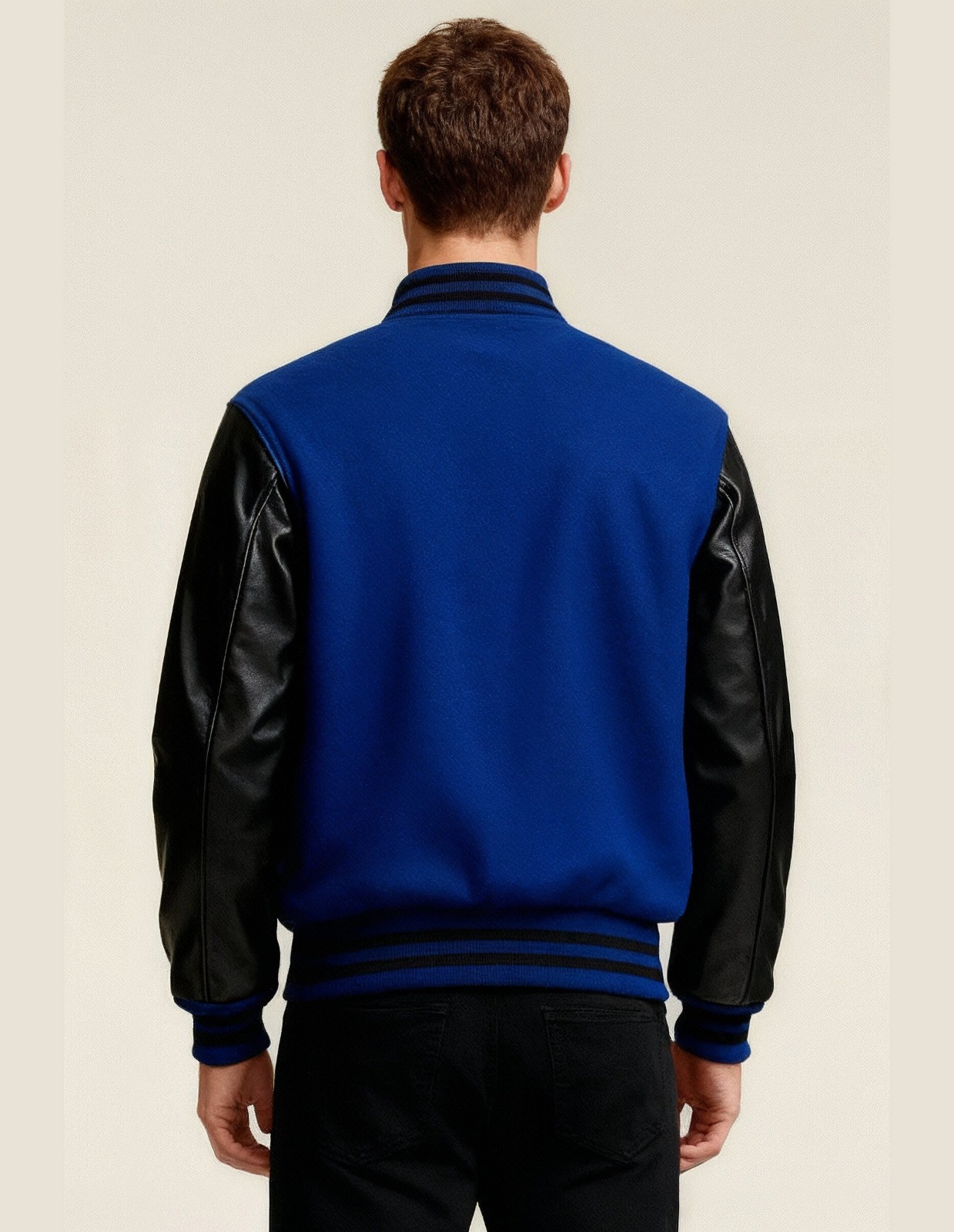 Custom Blue and Black Varsity Jacket Premium Wool & Genuine Leather Sleeves - Image 2