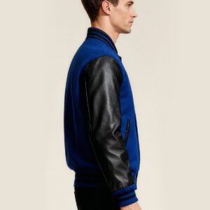 Custom Blue and Black Varsity Jacket Premium Wool & Genuine Leather Sleeves - Image 3