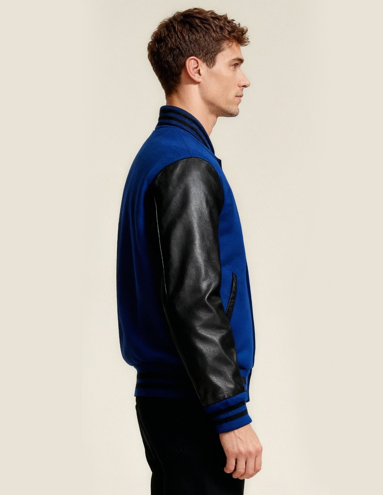Custom Blue and Black Varsity Jacket Premium Wool & Genuine Leather Sleeves - Image 3