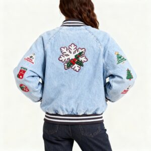 Vintage Style Christmas Denim Bomber Jacket - Image 2
