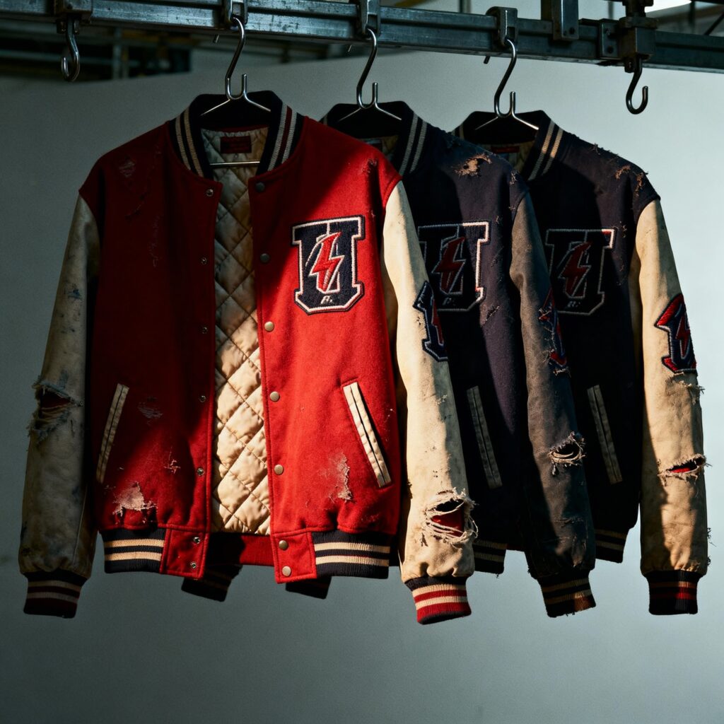 factory varsity jackets hanging on metal hooks