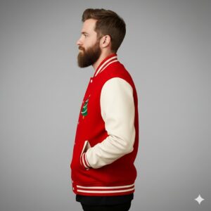 Red Christmas Varsity Jacket Festive Holiday Wool & Leather Style - Image 3