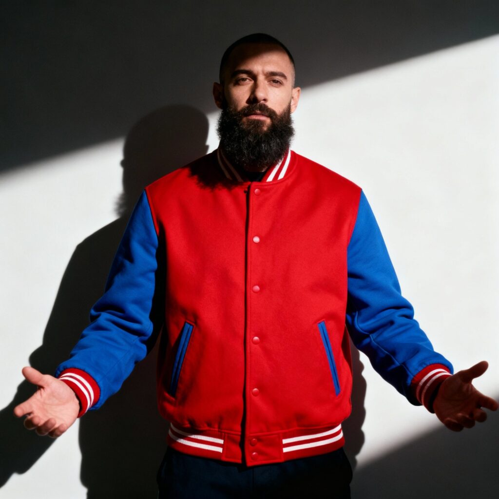 red and blue varsity jacket