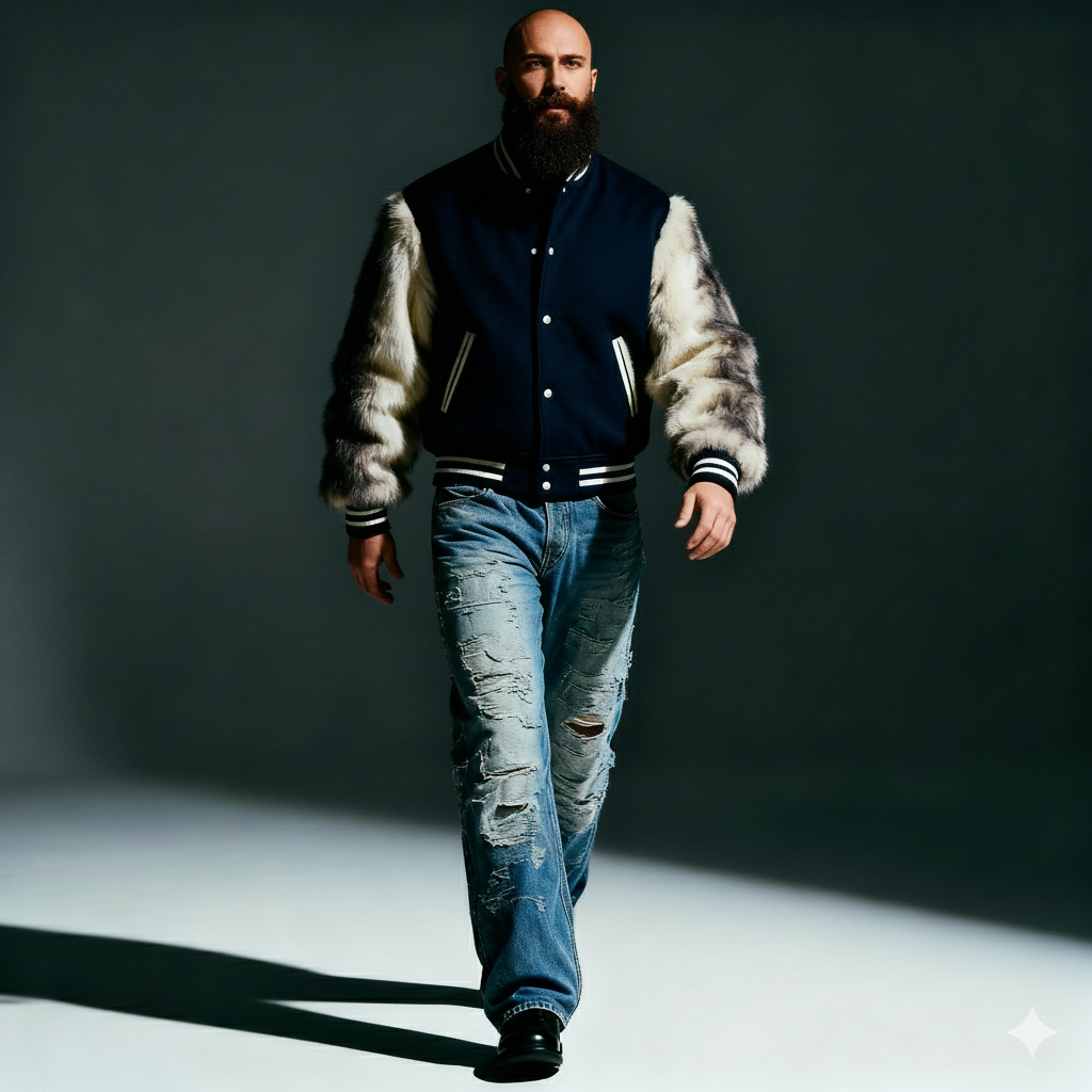 varsity jacket with fur sleeves