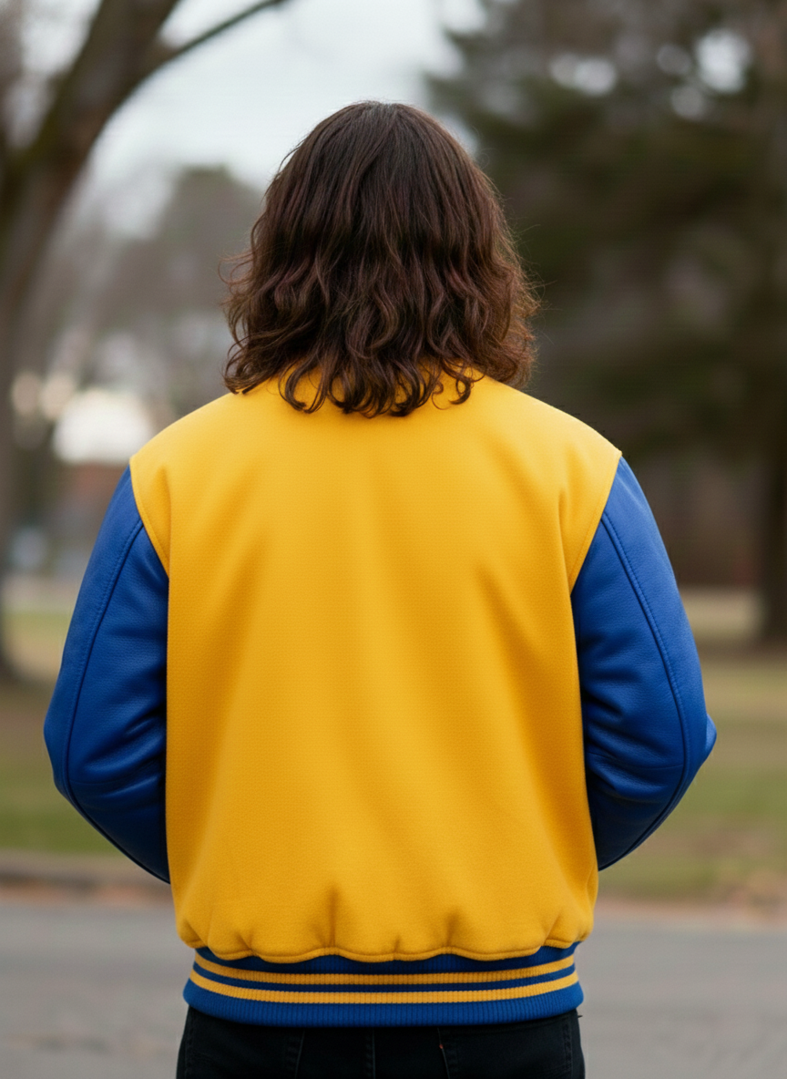 blue and yellow varsity jacket