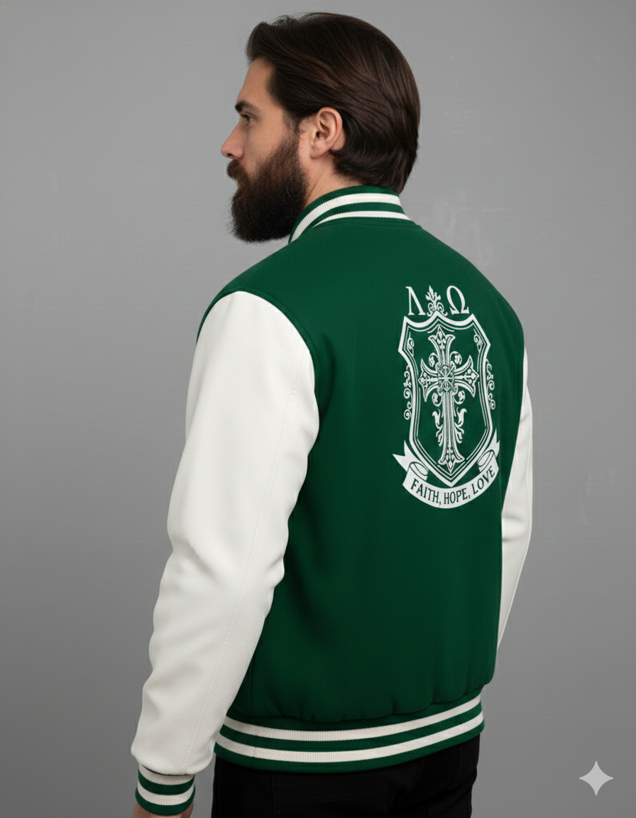 Christian green white varsity jacket