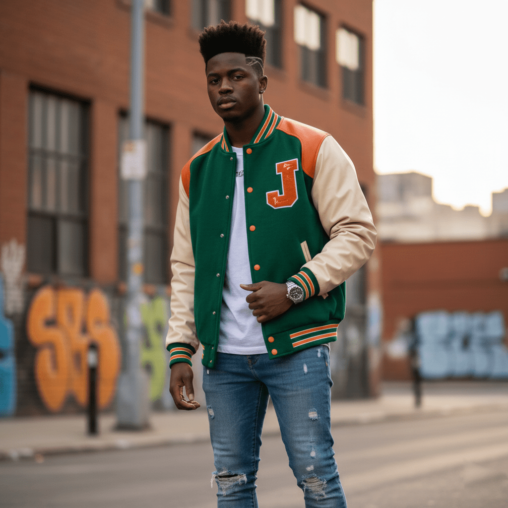 custom green orange letterman jacket embroidered patches