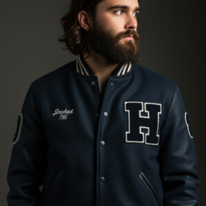 dark blue letterman jacket