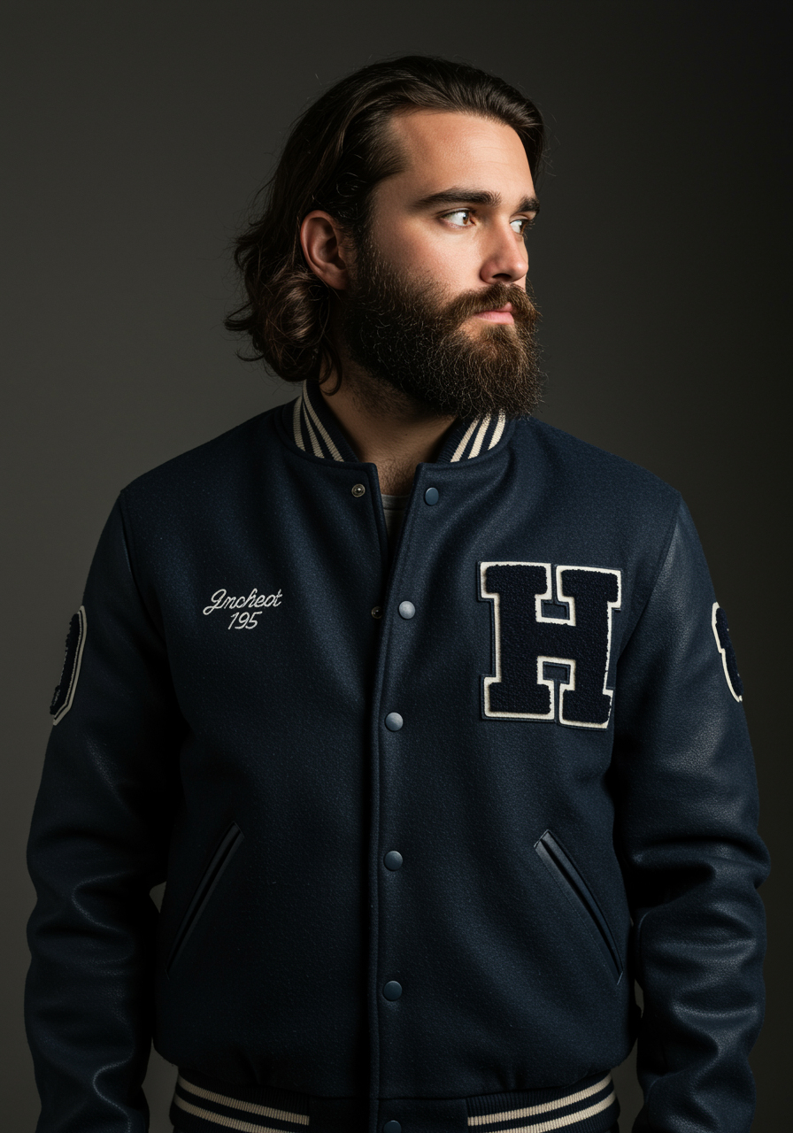 dark blue letterman jacket
