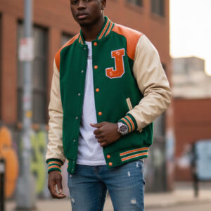 green and orange varsity jacket