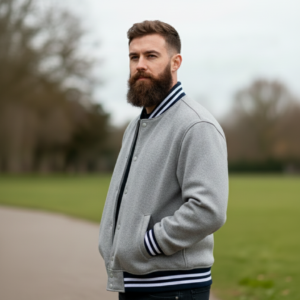 grey cotton polyester varsity jacket