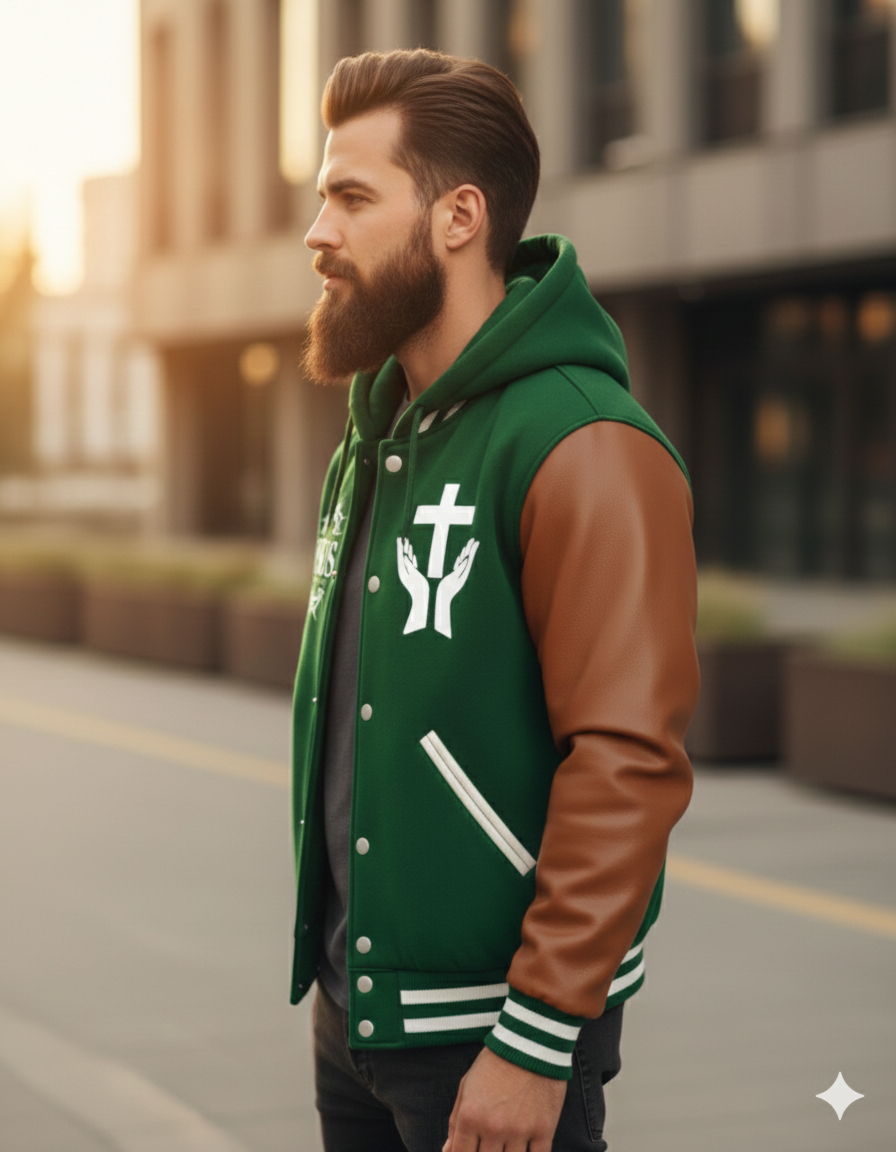 Jesus green brown varsity jacket