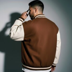 men brown white faith base varsity jacket