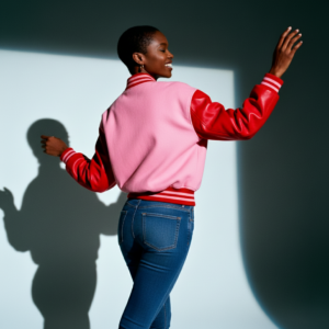 pink and red varsity jacket