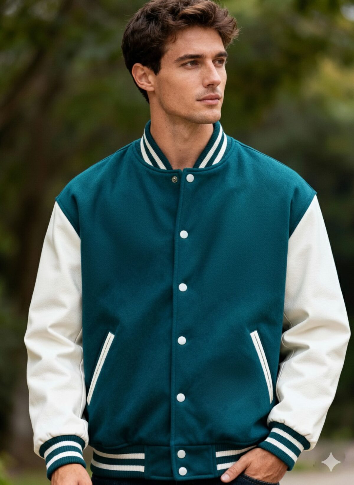 ジャケット・アウター CLASSIC DERBY JACKET BLACK/TEAL/WHITE L Premium Custom Teal Varsity Jacket Genuine Leather Sleeve