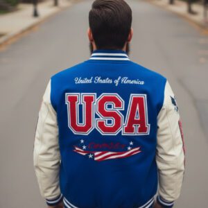 USA white blue varsity jacket