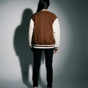 women brown white varsity jacket
