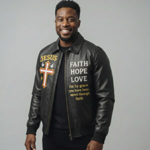 Jesus black leather jacket