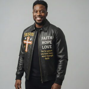 Jesus black leather jacket