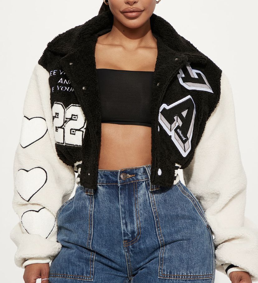 Fur cropped varsity jacket women