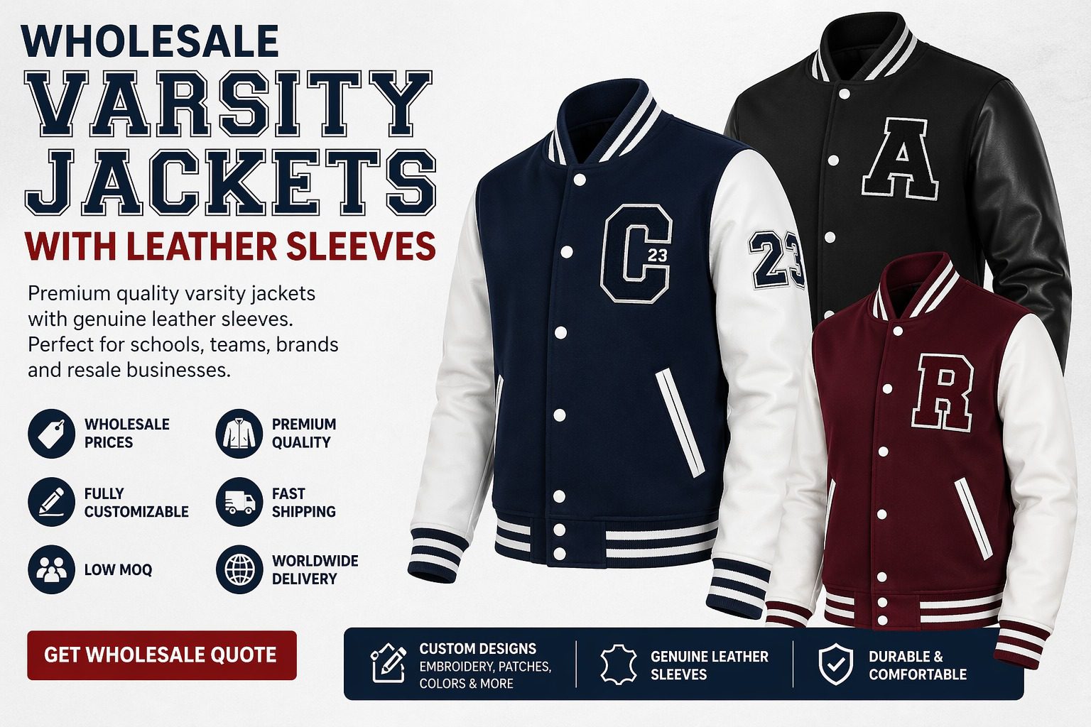 Wholesale Varsity Jackets with Leather Sleeves