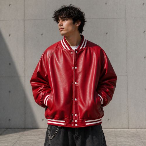faux leather oversized varsity jacket