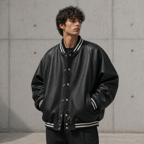 leather oversized varsity jacket