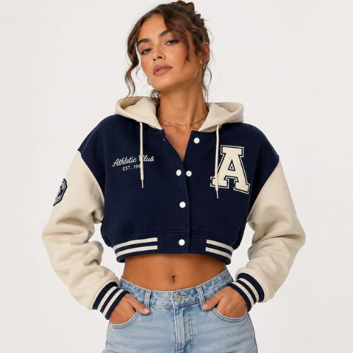 cropped letterman jacket with hood