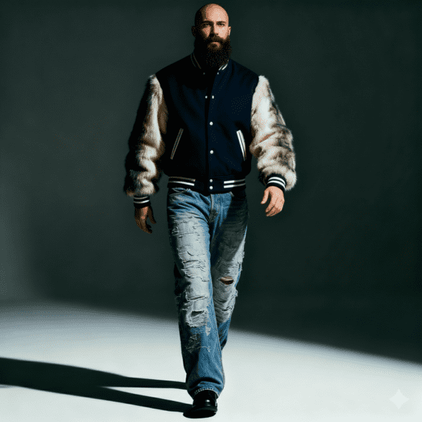 varsity jacket with fur sleeves