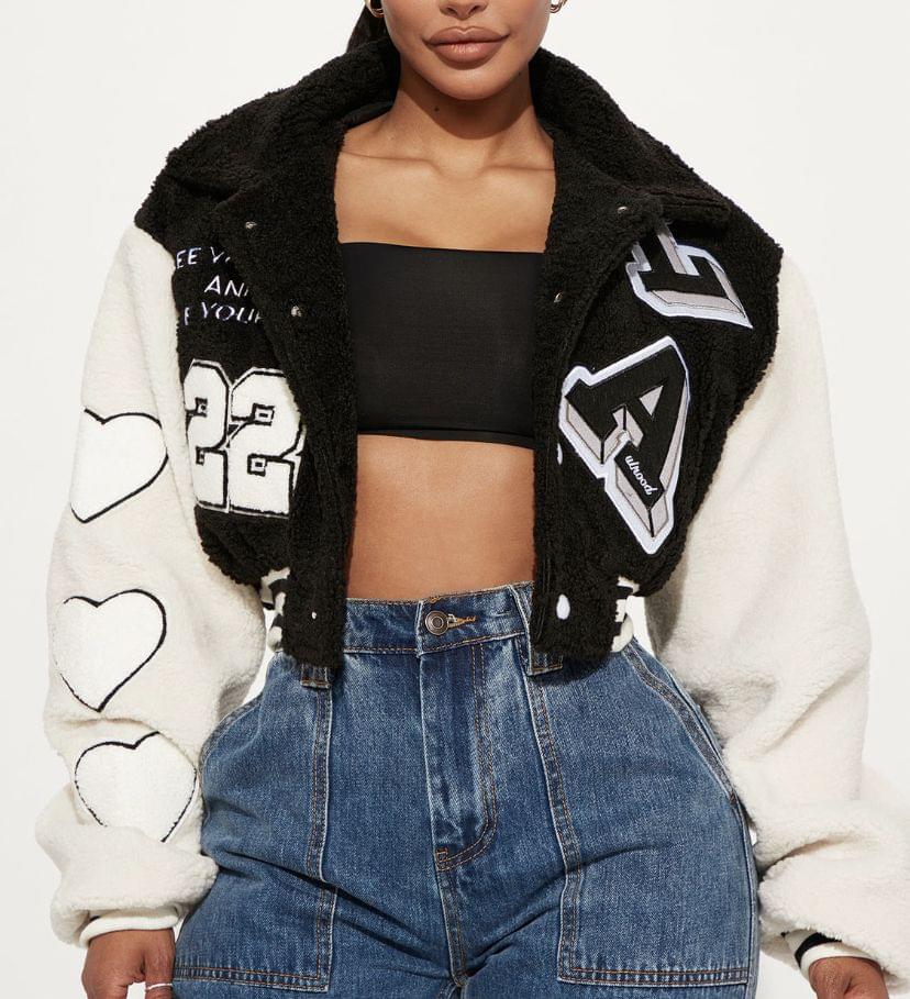 Fur cropped varsity jacket women