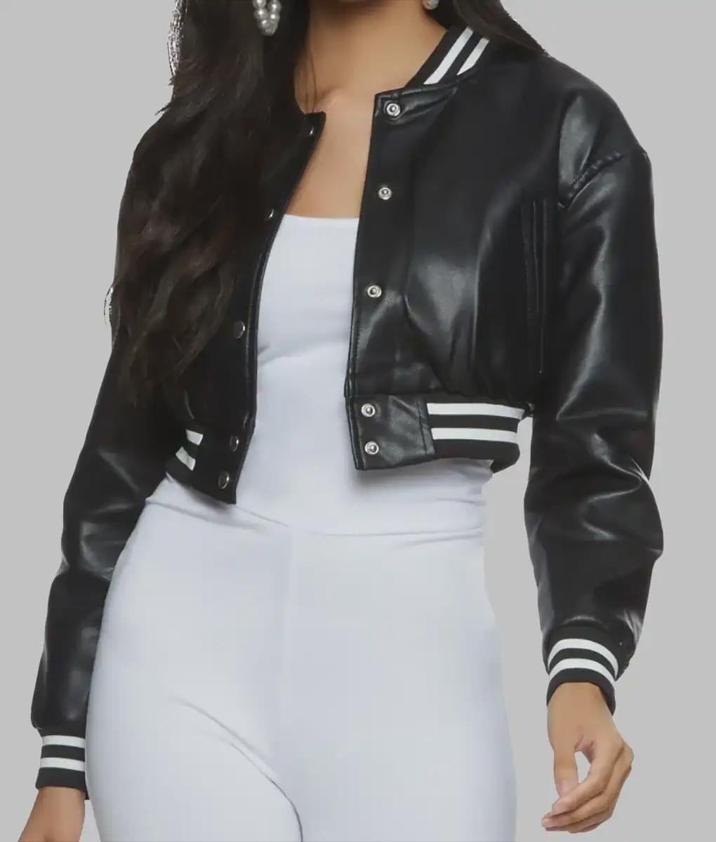 Leather cropped varsity jacket