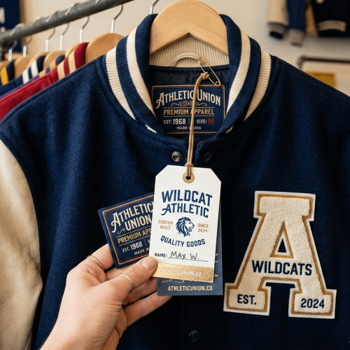 custom label tags varsity jacket